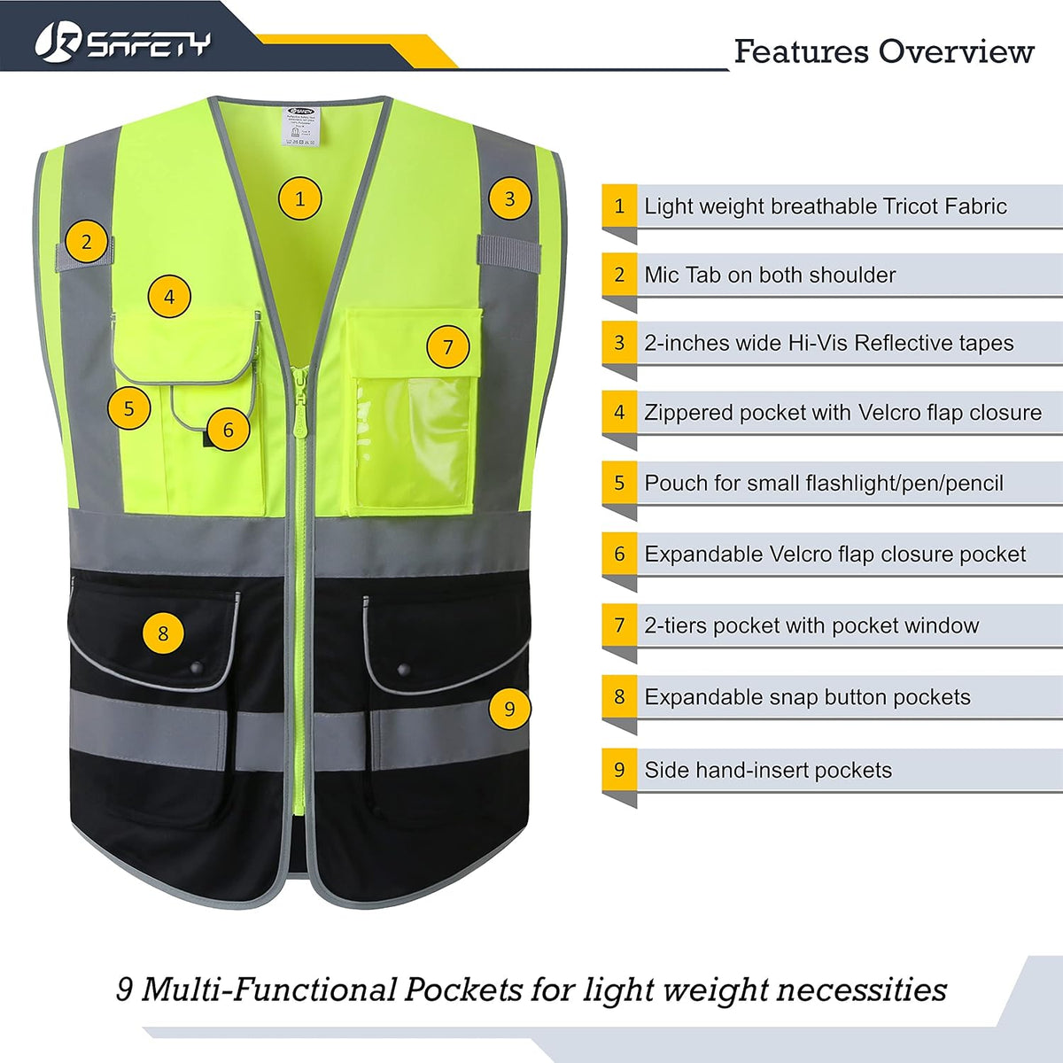 JKSafety 9 Pockets Class 2 High Visibility Zipper Front Safety Vest With Reflective Strips,Meets ANSI/ISEA Standard (Large, 150-Yellow) - Colors A