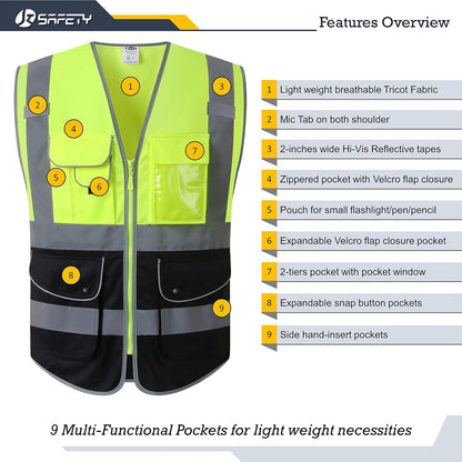 JKSafety 9 Pockets Class 2 High Visibility Zipper Front Safety Vest With Reflective Strips,Meets ANSI/ISEA Standard (Large, 150-Yellow) - Colors A