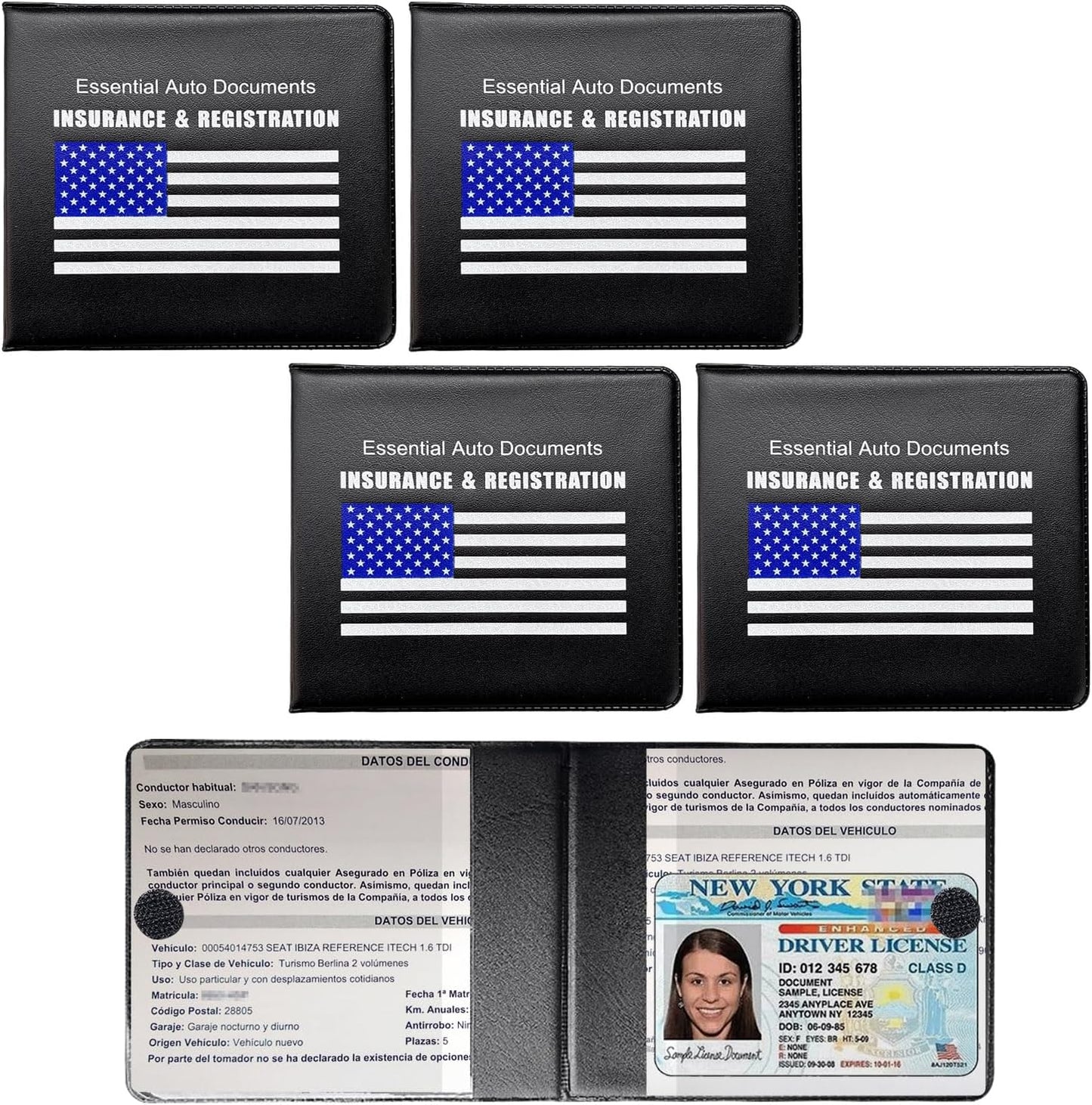 4 PCS Car Registration and Insurance Holder, Vehicle Glove Box Organizers with Closure for License Document, Auto Essential Paperwork Wallet Case Holder, Car Accessories (Black, Car Logo)