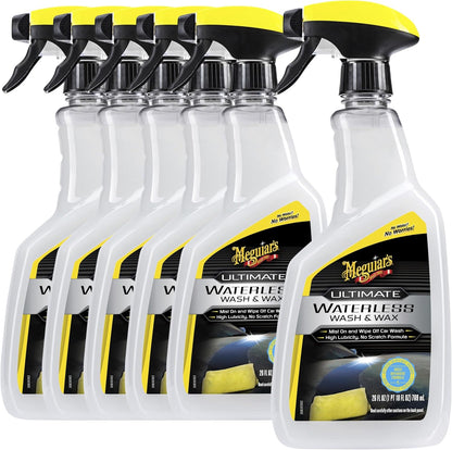Meguiar's Ultimate Waterless Wash & Wax 6 Pack (6 x 26 oz Bottles) Spray Car Wash and Wax in One Waterless Car Wash Spray for Cars Hose Free Scratch-Reducing Cleaning Clear Coat Safe Exterior Detailer