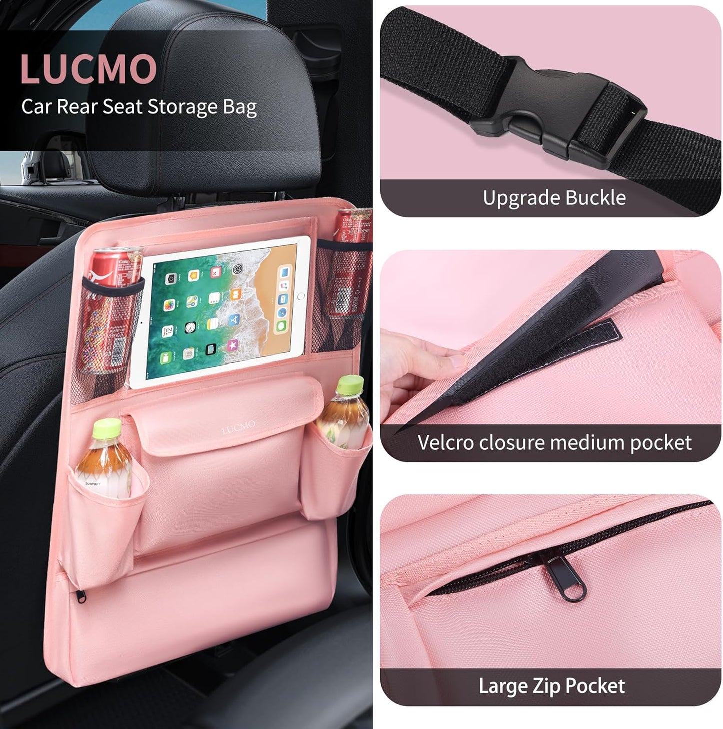 LUCMO Car Backseat Organizer with Tablet Holder,6 Storage Pockets Car Storage Organizer with Foldable Food Tray,Protectors Kick Mats Travel Accessories-Black