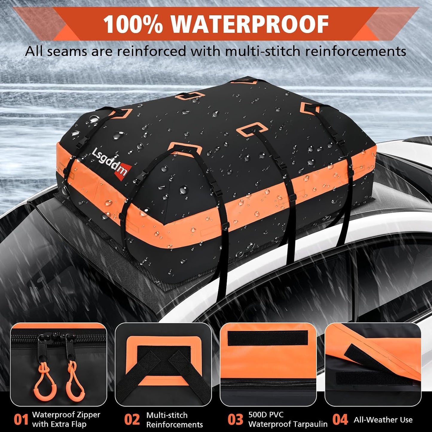 Roof Bag, Waterproof Soft Car Top Carrier Without Rack, 15 Cubic Feet Cargo Carrier for Top of All Vehicles with/Without Rack, Includes Anti-Slip Mat, 4 Door Hooks, Luggage Lock, Storage Bag