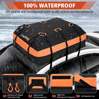 Roof Bag, Waterproof Soft Car Top Carrier Without Rack, 15 Cubic Feet Cargo Carrier for Top of All Vehicles with/Without Rack, Includes Anti-Slip Mat, 4 Door Hooks, Luggage Lock, Storage Bag