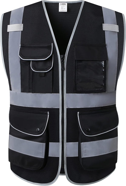 JKSafety 9 Pockets Class 2 High Visibility Zipper Front Safety Vest With Reflective Strips,Meets ANSI/ISEA Standard (Large, 150-Yellow) - Colors B