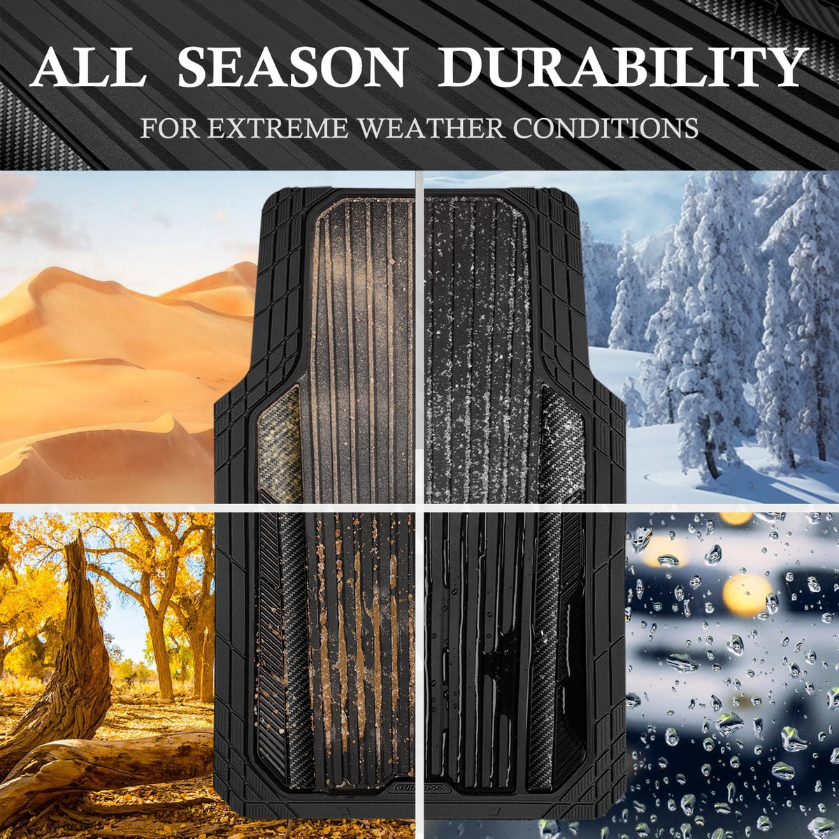 CAR PASS Heavy Duty Rubber Car Mats Metallic, Aluminum Film All Weather Floor Mats Waterproof Universal Trim to Fit Automotive SUV Sedan Van 4 Piece Anodized Deep Dish Two-Tone Sporty Black Red Chrome