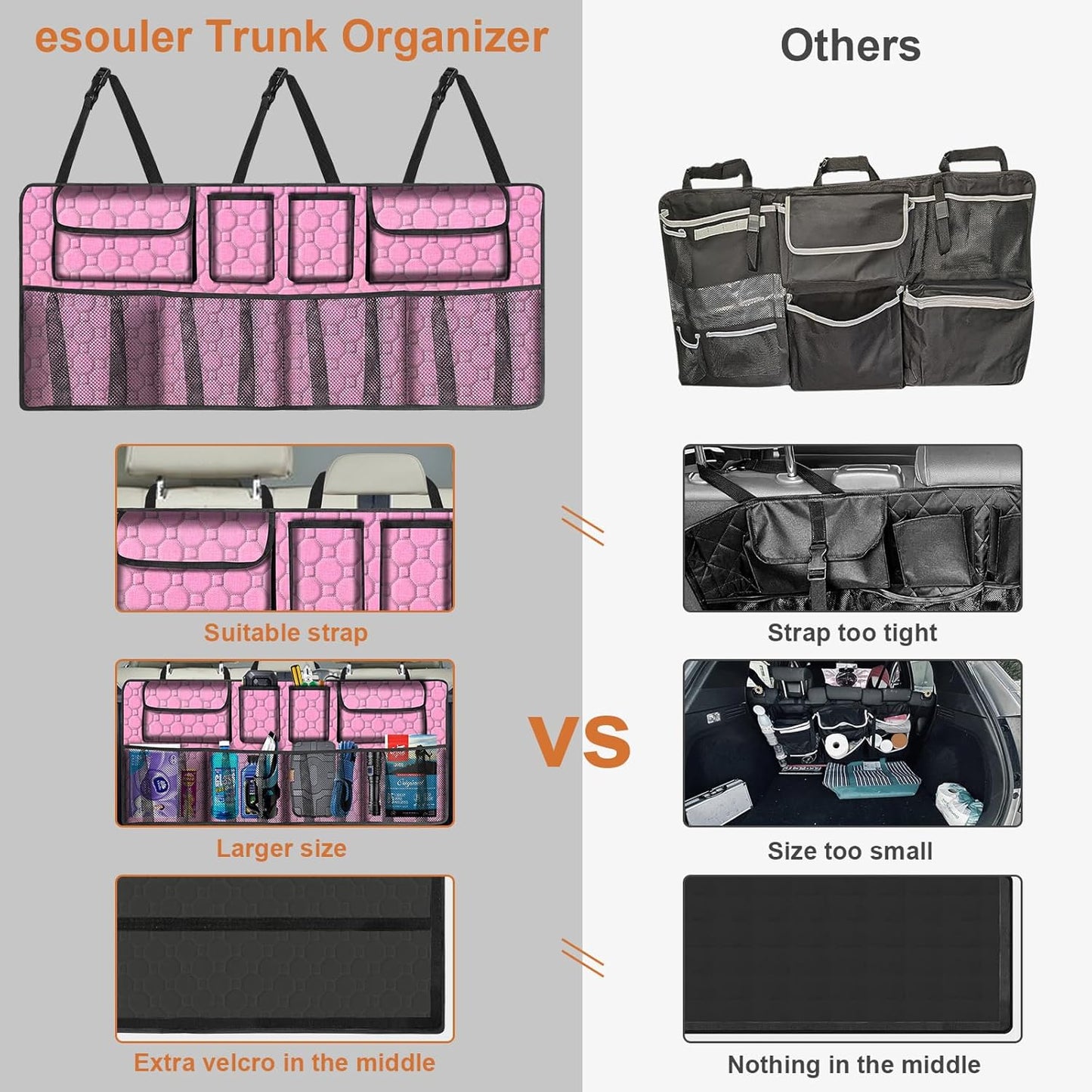esouler Car Trunk Organizer, Super Capacity Backseat Car Organizer for SUV/Truck/MPV(42"*18"), Hanging Car Storage Organizer with 8 Pocekts, Car Accessories for Women and Men- Black