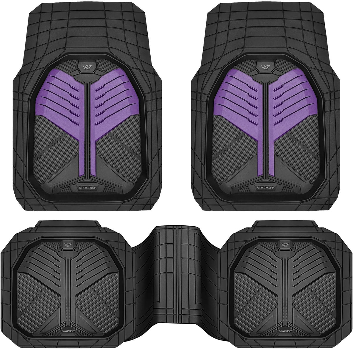 CAR PASS Heavy Duty Rubber Car Mats with Cargo Liner, Deep-Dish Car Floor Mats and Trunk Mat All Weather, Universal Trim-to-Fit for SUVs Trucks Sedans, Waterproof Anti-Slip, Trimmable V12 Black