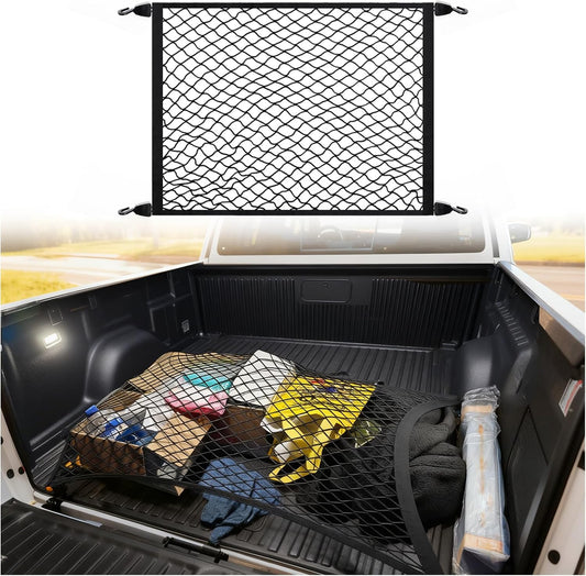 Highly Elastic Cargo Nets for SUV with 4 Hooks,32"x24" Stretch to 63"x47" Truck Cargo Net as Trunk Organizer,Heavy-Duty Truck Bed Cargoes Net for Secure Load Retention