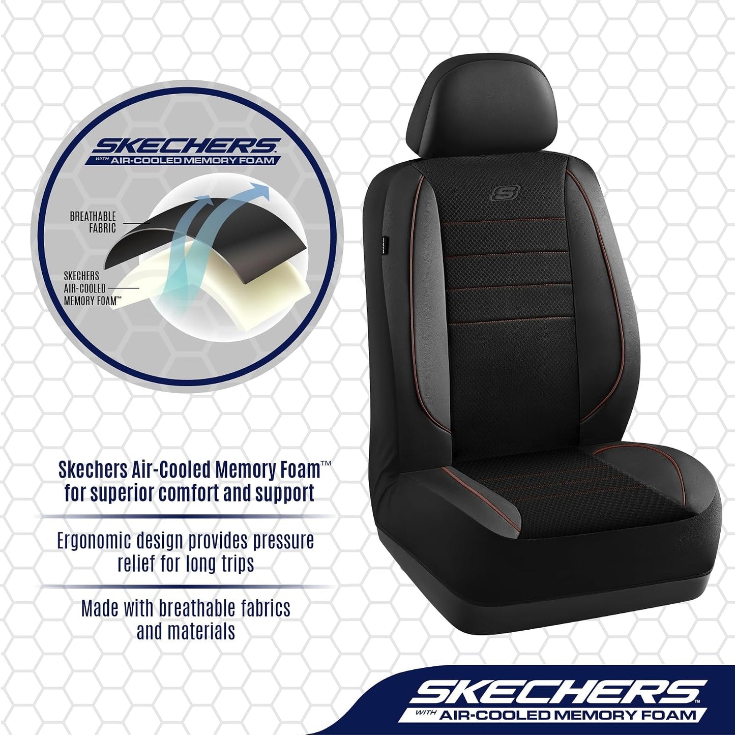 Skechers Air-Cooled Memory Foam Seat Covers,Mesh Thick Car Seat Covers,Piping Leather Car Seat Covers Front Seats,Airbag Compatible,Automotive Comfort Universal FitMost Cars,Vans,Truck,SUV,Black