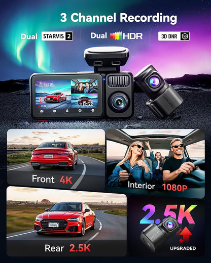 REDTIGER F17 Elite 4K Dash Cam 3 Channel, STARVIS 2 IMX678 & IMX675, 128GB Card, Full Night Color, 4K+2.5K+1080P Front and Rear Inside, Voice Control, 5GHz WiFi-30MB/s Download, GPS, HDR, Parking Mode