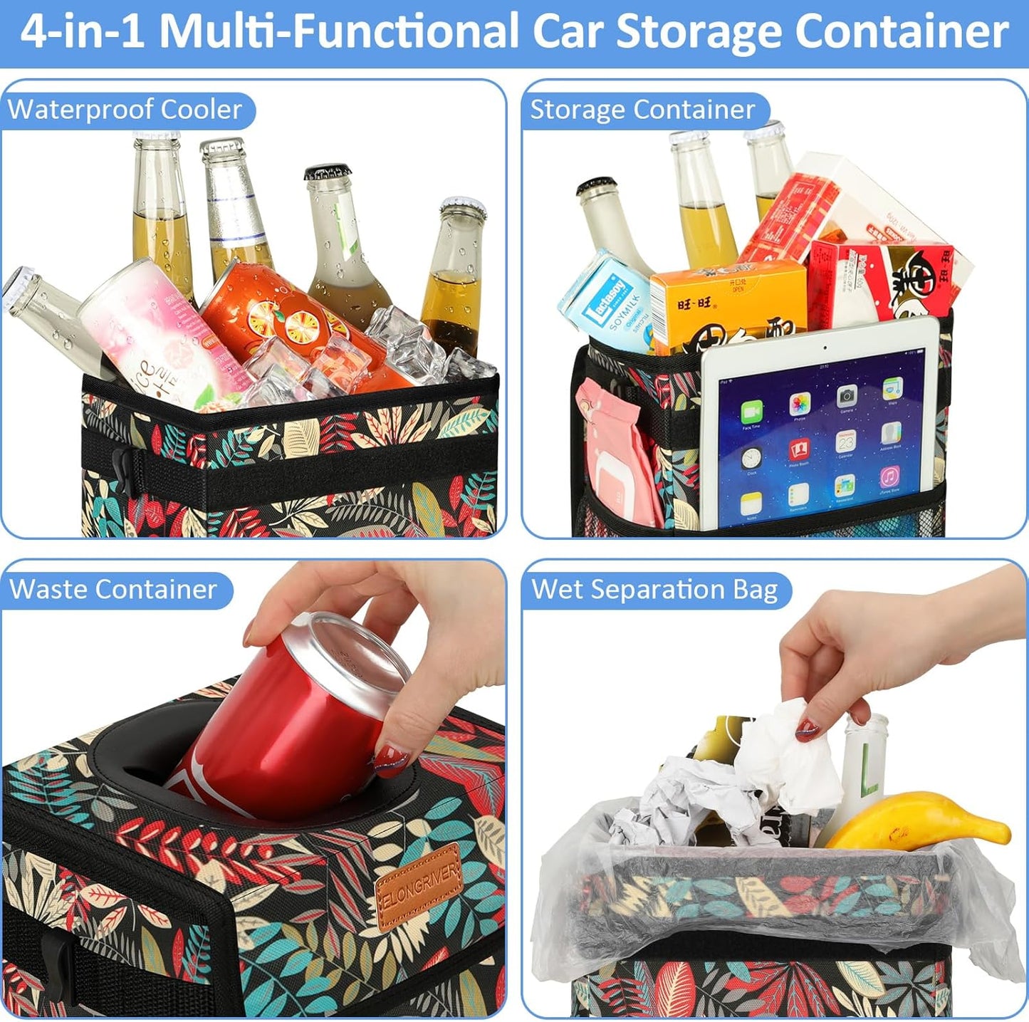 ELONGRIVER Car Trash Can Bin for Back Seat Leak Proof, Cute Car Trash Bag Hanging, Vehicle Trash Can for SUV Truck Van, Automotive Garbage Cans Front Seat Black