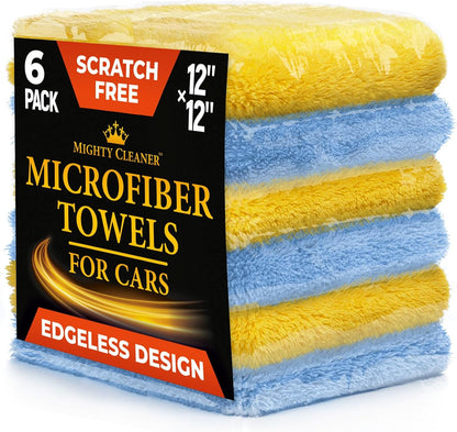 Super Soft Microfiber Towels for Cars - Edgeless - 6pk (12”x12”) - Premium Scratch-Free Towel - Great for Drying, Detailing, Polishing, Buffing - Ultra Absorbent Microfiber Cleaning Cloths for Car