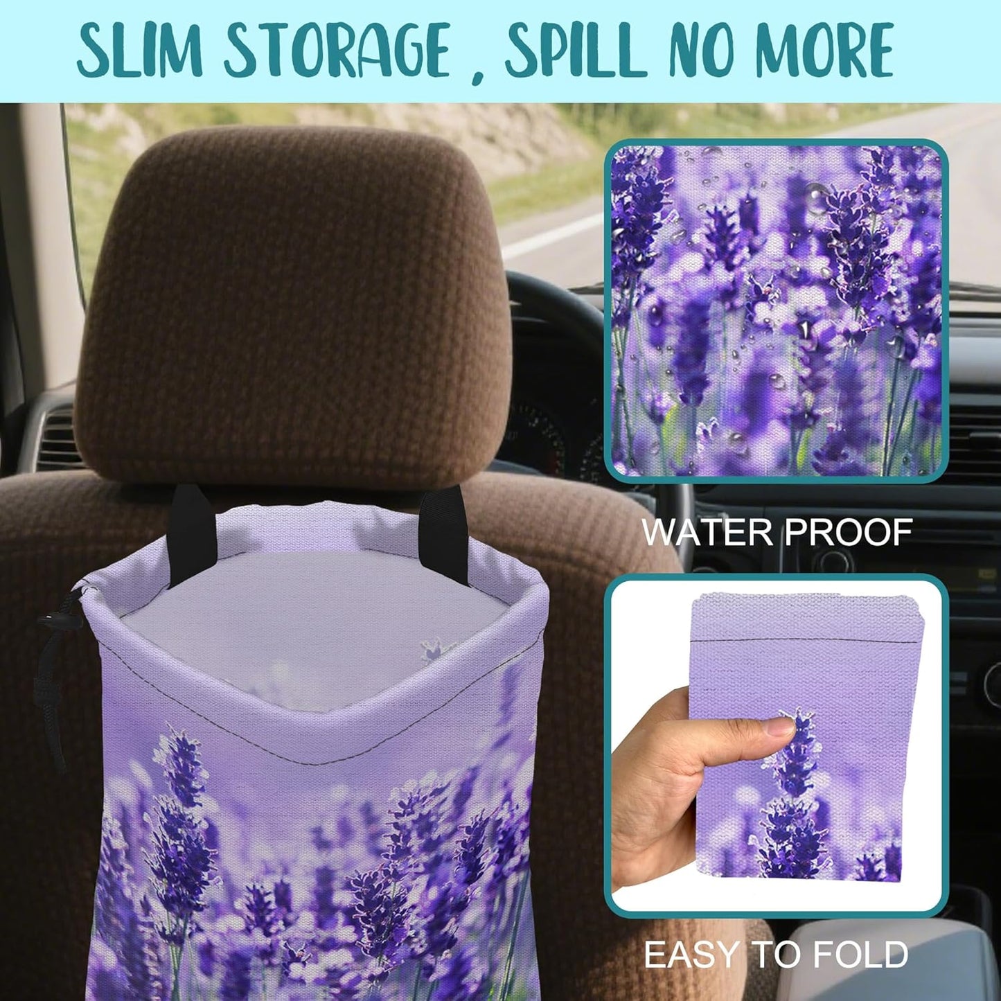 Car Garbage Bag Colorful Floral Spring Daisy Drawstring Car Trash Bag Hanging for Back Seat with Adjustable Buckle Canvas Vehicle Trash Can Easy-to-Install