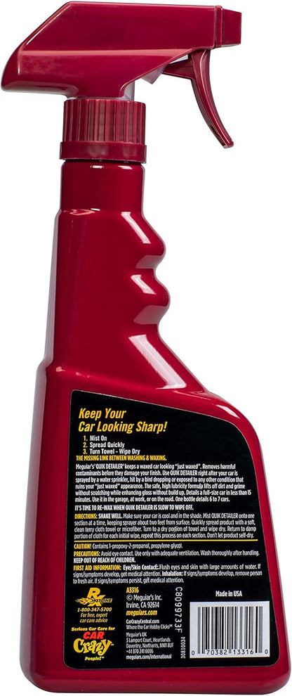 Meguiar's Quik Detailer Mist & Wipe - Easy to Use Car Spray Detailer Lifts Light Dust, Fingerprints, Smudges, and Fresh Contaminants - Perfect to Enhance Shine and Protection Between Washes, 16 Oz