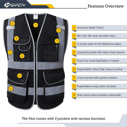 JKSafety 9 Pockets Class 2 High Visibility Zipper Front Safety Vest With Reflective Strips,Meets ANSI/ISEA Standard (Large, 150-Yellow) - Colors B