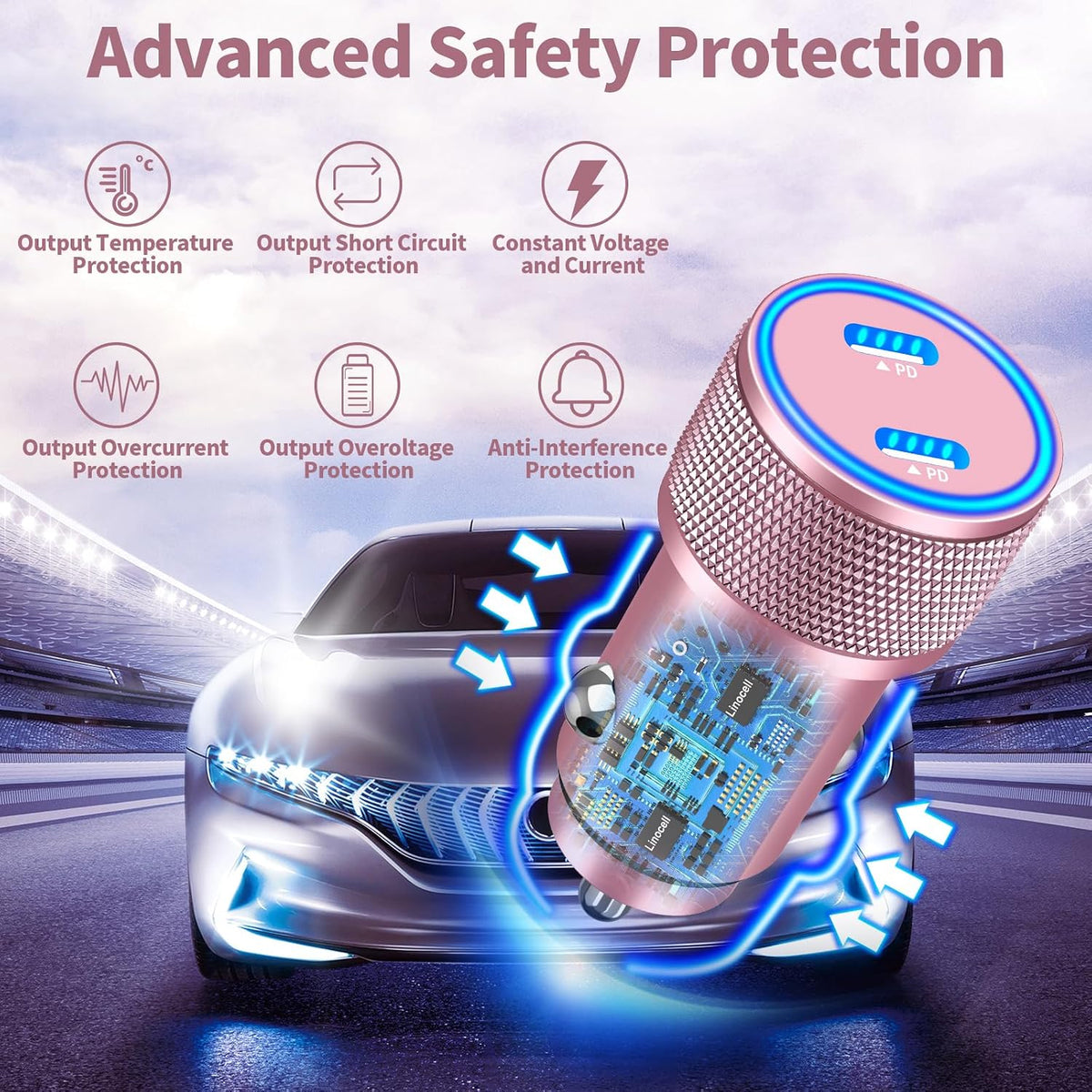 [Apple MFi Certified] iPhone 17 Car Charger, Linocell 90W USB C Car Charger Dual PD Power Cigarette Lighter Adapter with 2Pack Type C Braided Cable for iPhone 17/17 Pro Max/16/15/Galaxy S26/S25/Pixel