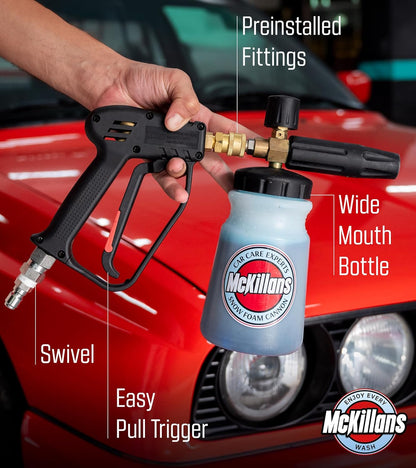McKillans Pressure Washer Gun with Swivel & Foam Cannon Wide Mouth & M22-14mm Adapter - Adjustable Thick Foam - Power Washer Gun - 3/8" Male Plug & 1/4” Quick Connector Coupler