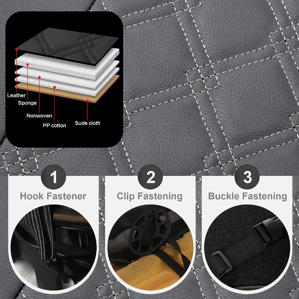 CAROMOP Luxury PU Leather Car Seat Covers Full Set-Waterproof Seat Protectors with Split Bench Seat Covers for Cars-Universal Cars Interior Covers for Sedans, SUVs, Pick-up Trucks(Gray/Gray Line)