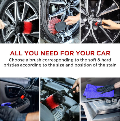 TAKAVU Complete Car Wheel Detailing Kit (8pcs) - Safe Scratch-Free 17" Barrel Brush, Tire Scrubber, 5 Detail Brushes & Towel for Rims, Interior, Exterior