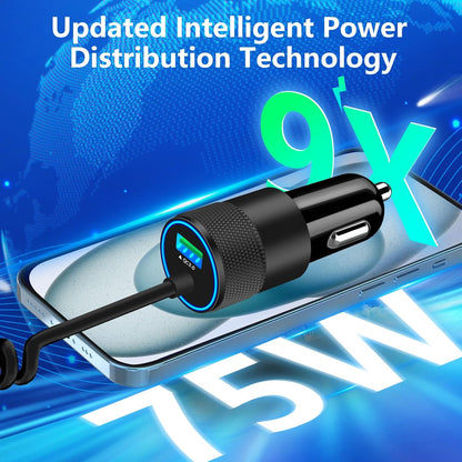 【MFi Certified】iPhone 17 Car Charger Fast Charging, Braveridge 75W USB C PD&QC Car Power Cigarette Lighter USB Charger with 6FT Type C Coiled Cable for iPhone 17/17 Pro Max/16/15/Galaxy S26/S25/Pixel