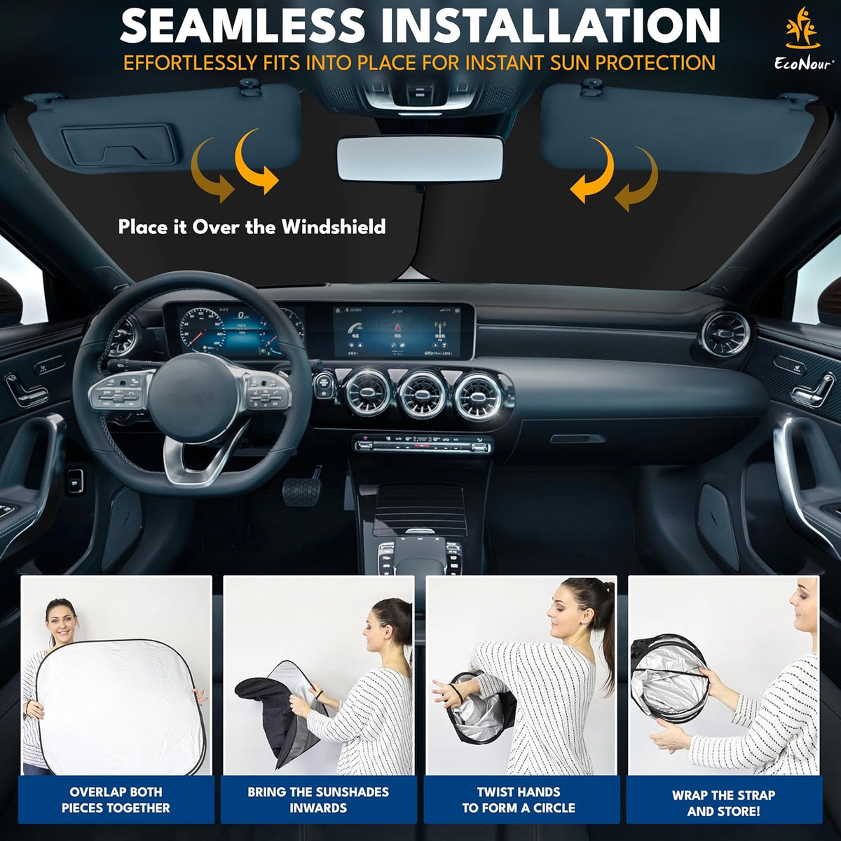 EcoNour 2 Piece Foldable Car Windshield Sun Shade – UV & Heat Protection, Interior Cooling, Durable Upgraded Design, Easy Fold, Front Window Sunshade - Medium (31" L x 28" W)