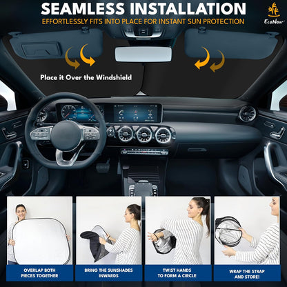 EcoNour 2 Piece Foldable Car Windshield Sun Shade – UV & Heat Protection, Interior Cooling, Durable Upgraded Design, Easy Fold, Front Window Sunshade - Medium (31" L x 28" W)