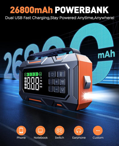 TREKURE 16-in-1 8000A Car Battery Jump Starter with Air Compressor 160PSI, Jump Starter Jump Box (All Gas 12L Diesel) with Portable Jumper Cables, Auto-Shutoff Tire Inflator, Gloves, Tow Rope