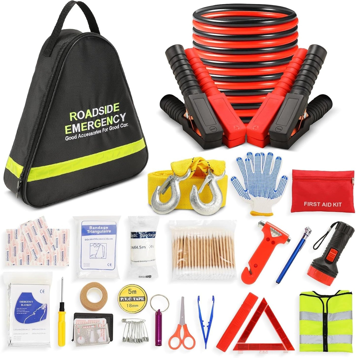 Car Emergency Kit with Jumper Cables, Roadside Safety Emergency Car Kit for Vehicle Truck Motorcycle - Gifts for Men Women Teenagers, Easy Storage(Black)