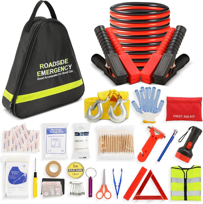 Car Emergency Kit with Jumper Cables, Roadside Safety Emergency Car Kit for Vehicle Truck Motorcycle - Gifts for Men Women Teenagers, Easy Storage(Black)