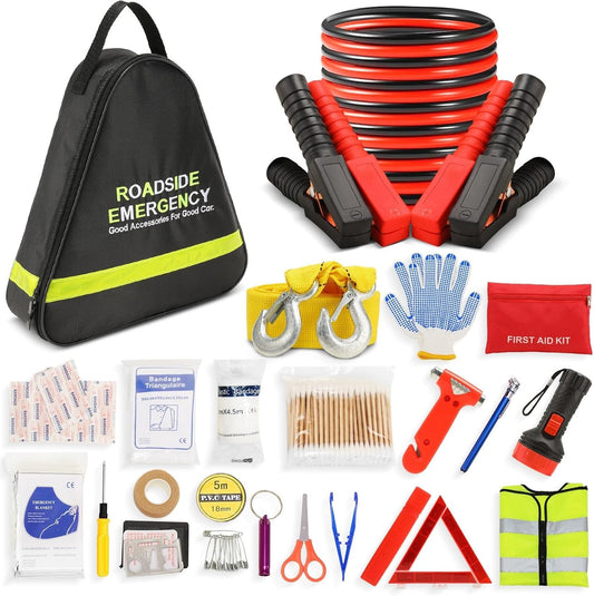 Car Emergency Kit with Jumper Cables, Roadside Safety Emergency Car Kit for Vehicle Truck Motorcycle - Gifts for Men Women Teenagers, Easy Storage(Black)
