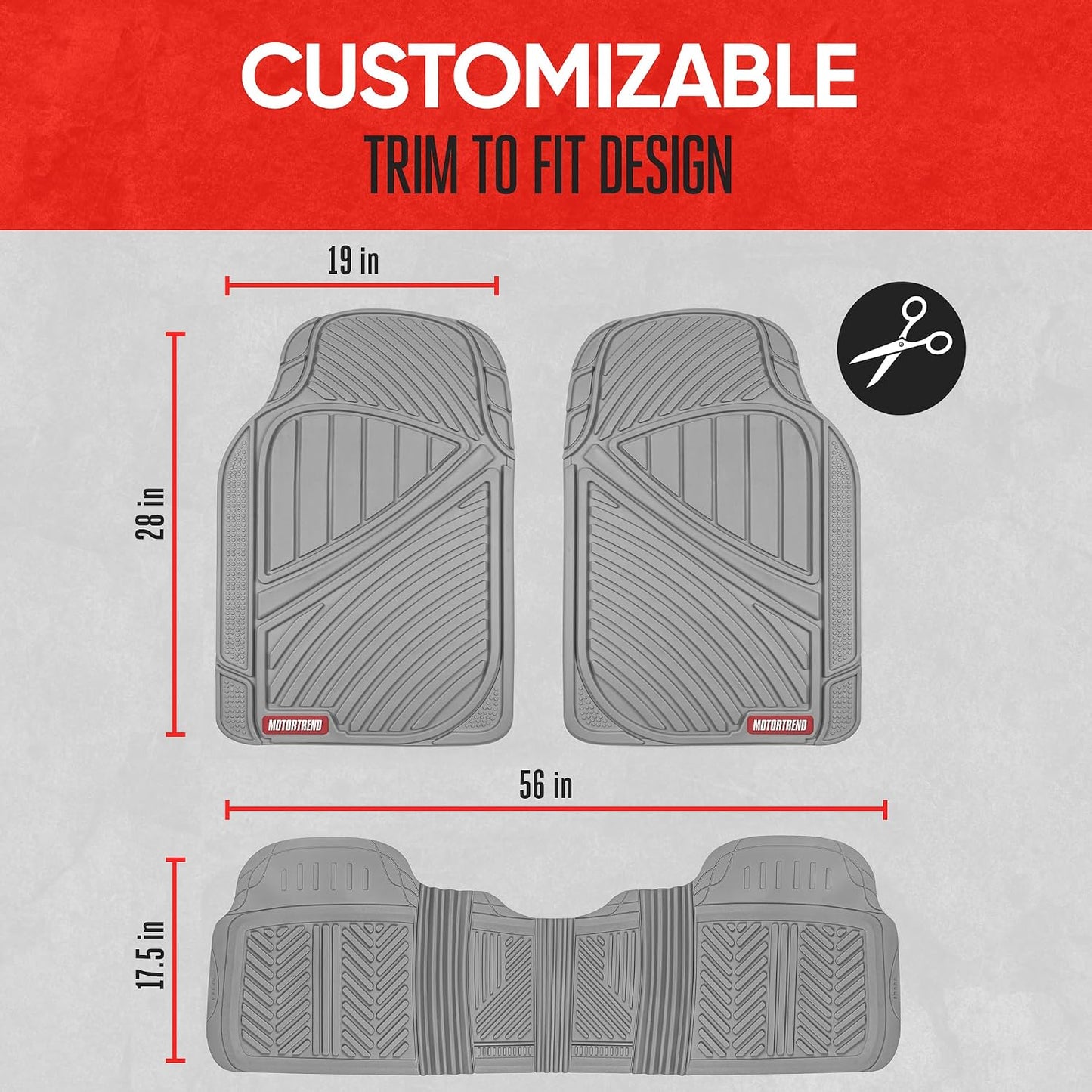 Motor Trend FlexTough Performance All Weather Rubber Car Floor Mats - 3 Piece Floor Mats Automotive Liners for Cars Truck SUV, Heavy-Duty Waterproof (Black)