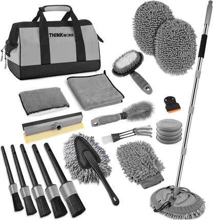 THINKWORK Car Detailing Kit, Car Detailing Brush Set, Car Cleaning Drill Brush Kit with Extension Pole, Professional Auto Detailing Supplies for Automobile Interior Exterior Wheels