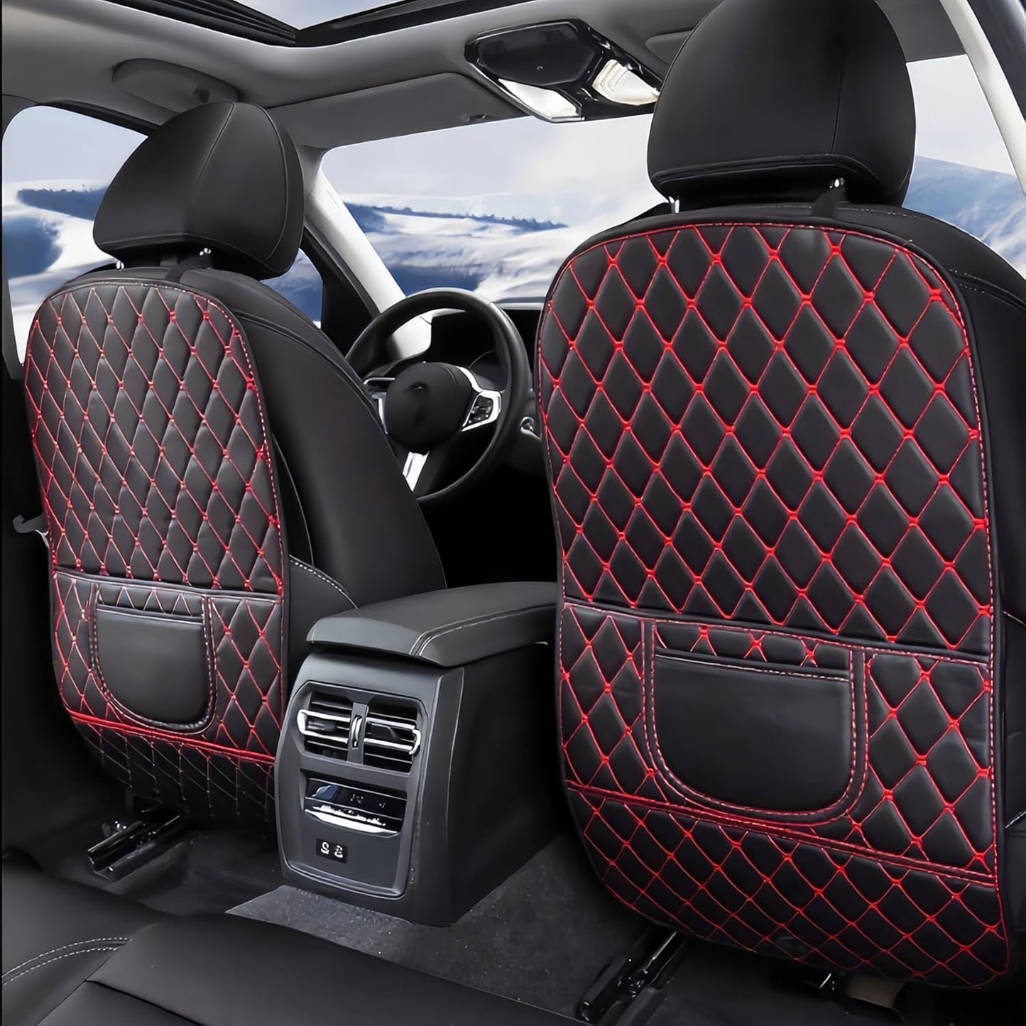 Leatherette Car Seat Protector - 2 Pack Large Car Kick Mats with Storage Pockets Organizer Seat Back Cover Against Dirty Shoes & Scratches, Universal Fit for Most Vehicles (Black)