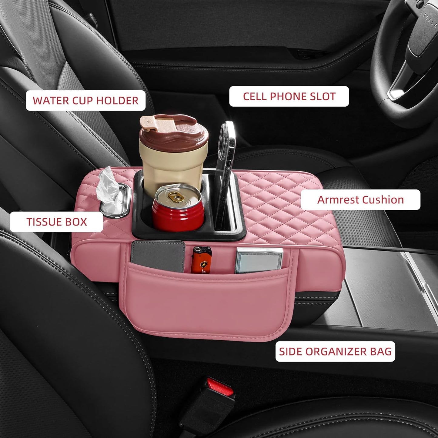 5 in 1 Car Center Console Cover, Armrest Pad with 2 Storage Pockets, Cup Holder, Tissue Slot, Phone Holder, Nappa Leather Memory Foam Car Accessories for SUV Sedan Truck (Black)