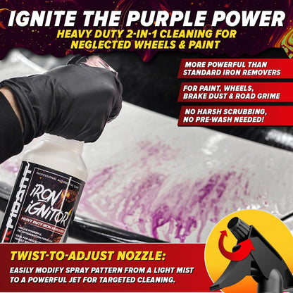 Carfidant Iron Ignitor - Iron Remover & Wheel Cleaner - Color-Changing Purple Decon Spray for Brake Dust, Rust, Fallout - Safe on Paint, Rims & Metal - Car Detailing - pH Neutral - 16oz