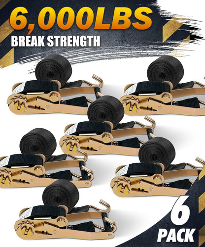 Car Tie Down Straps (4PK) with J Finger Hook Lasso Ratchet Strap 2 Inch x 96 Inch- for Any Car, SUV, Jeep or Sports Car