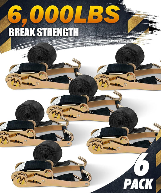 Car Tie Down Straps (4PK) with J Finger Hook Lasso Ratchet Strap 2 Inch x 96 Inch- for Any Car, SUV, Jeep or Sports Car