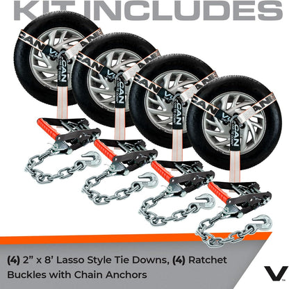 VULCAN Car Tie Down with Flat Hooks - Lasso Style - 2 Inch x 96 Inch - 4 Pack - Silver Series - 3,300 Pound Safe Working Load