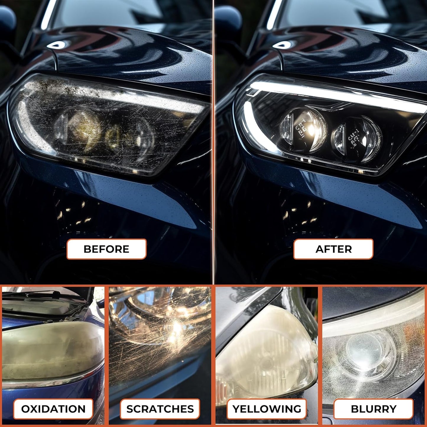 Headlight Restoration Kit, Polish Restore Cleaner Clean Tool DIY Polishing, Sanding Discs, Scouring Pads for Electric Drill, 3 Easy Steps to Restore Sun Damaged Car Headlights Lens