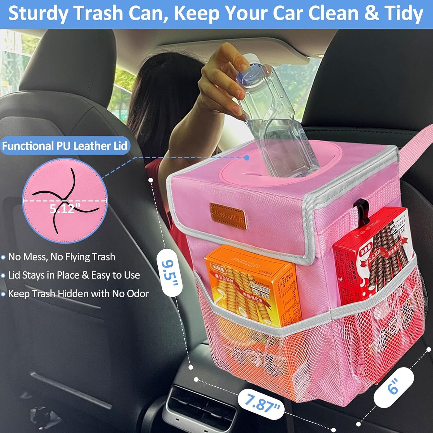 ELONGRIVER Car Trash Can Bin for Back Seat Leak Proof, Cute Car Trash Bag Hanging, Vehicle Trash Can for SUV Truck Van, Automotive Garbage Cans Front Seat Black
