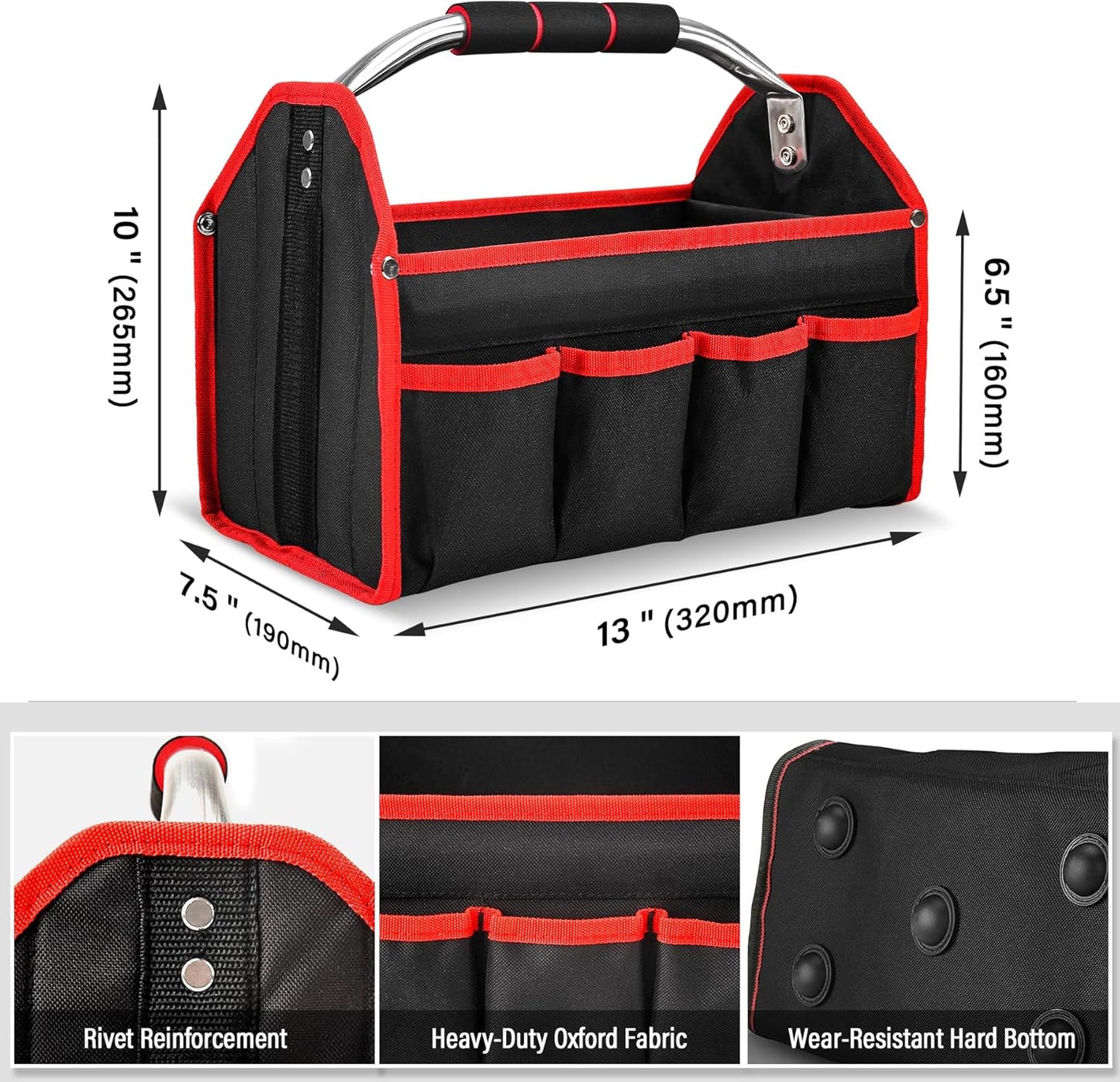 HAUTMEC 13 Inch Tool Bag, Foldable Open Top Tool Bag with Stiff Frame, Heavy-Duty Tool Tote with Padded Handle, Water-Resistant Base, Portable Tool Organizer for DIY & Jobsite Use – TB0001
