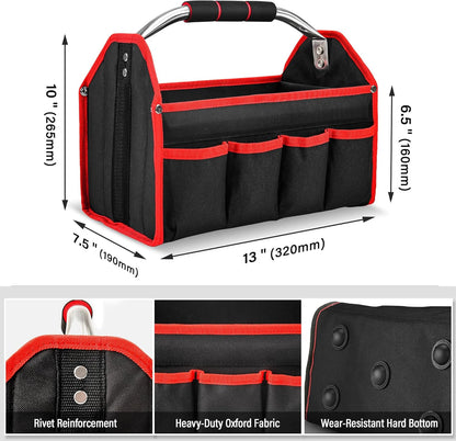 HAUTMEC 13 Inch Tool Bag, Foldable Open Top Tool Bag with Stiff Frame, Heavy-Duty Tool Tote with Padded Handle, Water-Resistant Base, Portable Tool Organizer for DIY & Jobsite Use – TB0001
