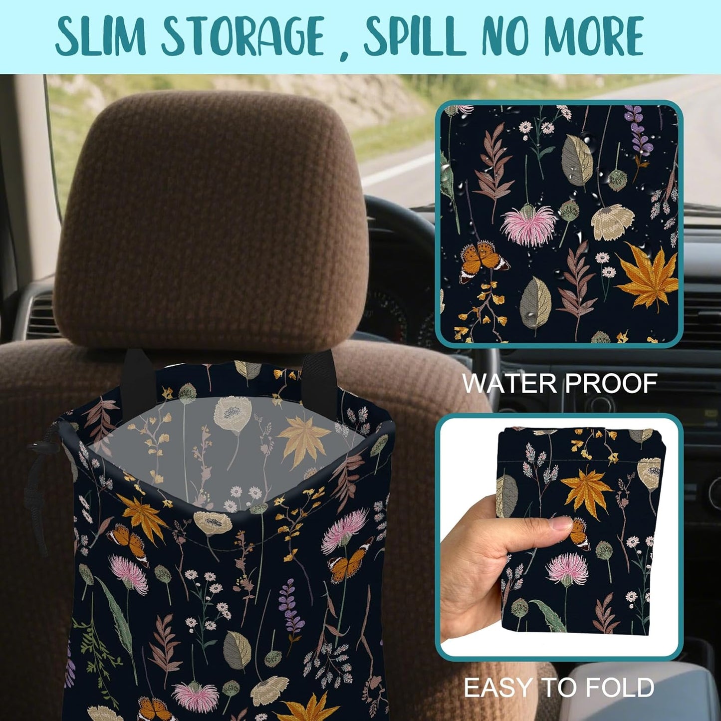 Car Garbage Bag Colorful Floral Spring Daisy Drawstring Car Trash Bag Hanging for Back Seat with Adjustable Buckle Canvas Vehicle Trash Can Easy-to-Install