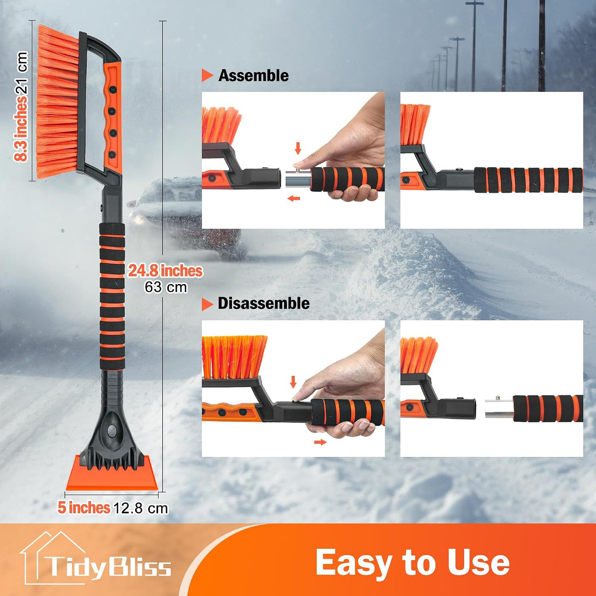 TidyBliss Ice Scraper and Snow Brush for Car Windshield, 24.8 inches Aluminum Frost Remover with Ergonomic Foam Grip for SUV Truck Glass Window (Orange)