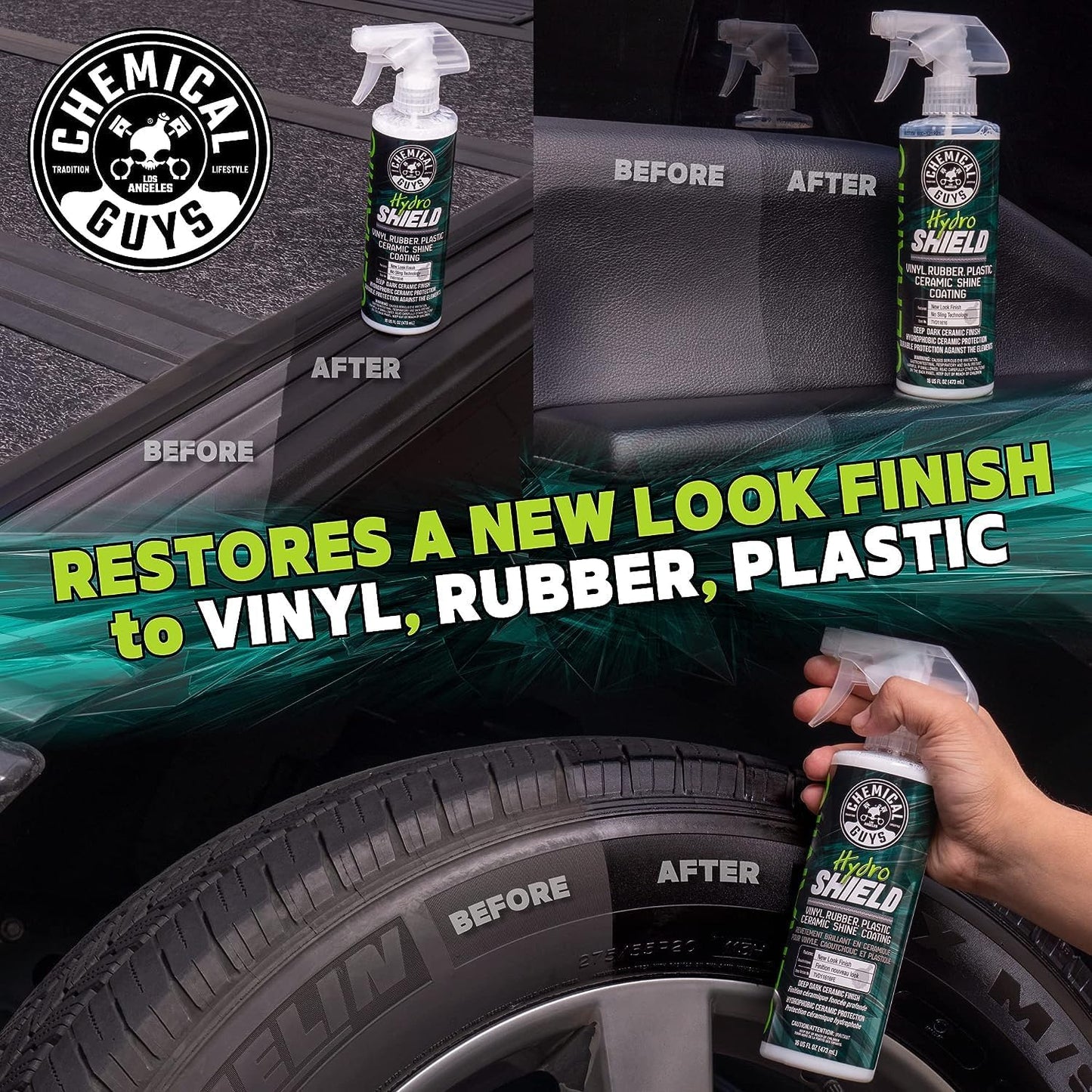 Chemical Guys HydroShield Vinyl, Rubber & Plastic Ceramic Shine Coating - Plastic Restorer for Interior & Exterior Trim, Tires & Trim - Restores Shine, Safe for Cars, Trucks & RVs, 16 fl oz