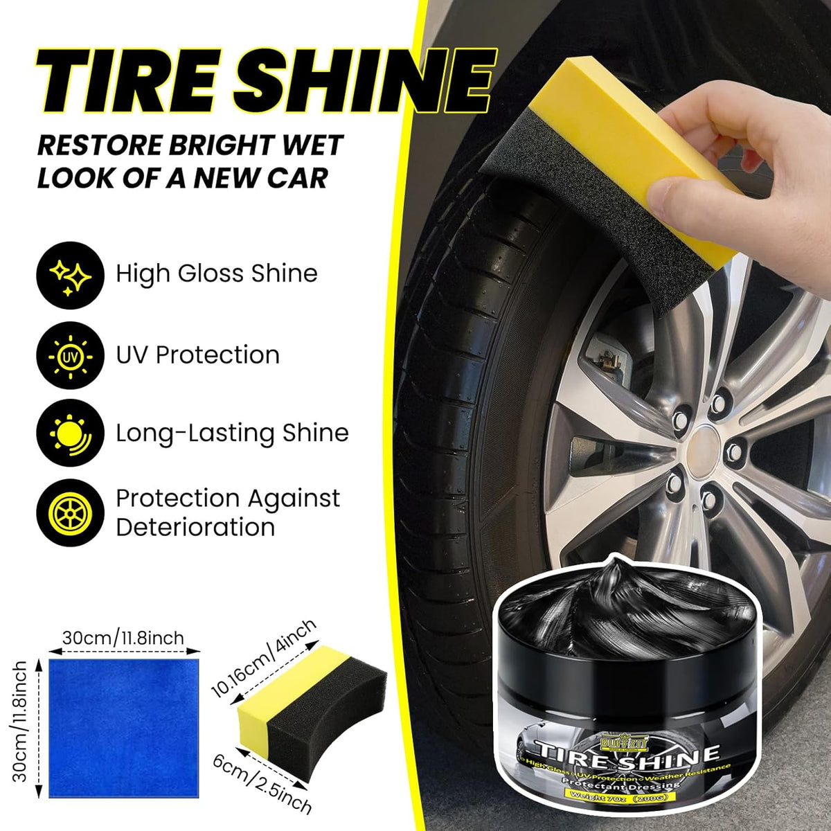 Tire Shine Gel & Wheel Cleaning Wax with Applicator Sponge, Long-Lasting Tire Dressing for Deep Black Wet Gloss Finish, UV Protection for Cars, Trucks, Motorcycles & RVs, 7oz/200g