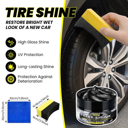 Tire Shine Gel & Wheel Cleaning Wax with Applicator Sponge, Long-Lasting Tire Dressing for Deep Black Wet Gloss Finish, UV Protection for Cars, Trucks, Motorcycles & RVs, 7oz/200g