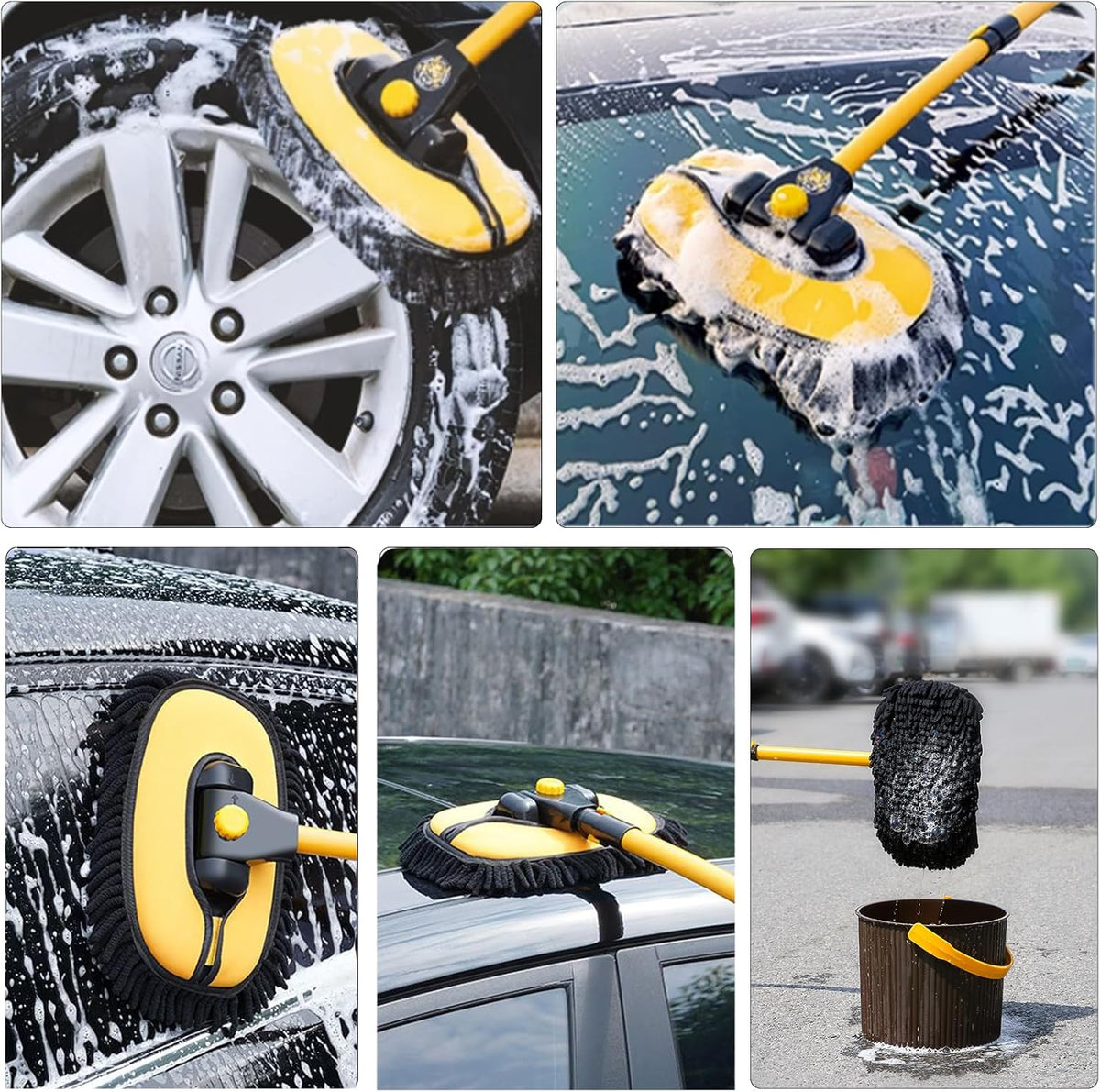 57'' Car Wash Brush with Long Handle Chenille Microfiber Car Wash Kit， Mitt Retractable Bent Pole Car Wash Brush for Cars RV Truck Boat (Yellow)