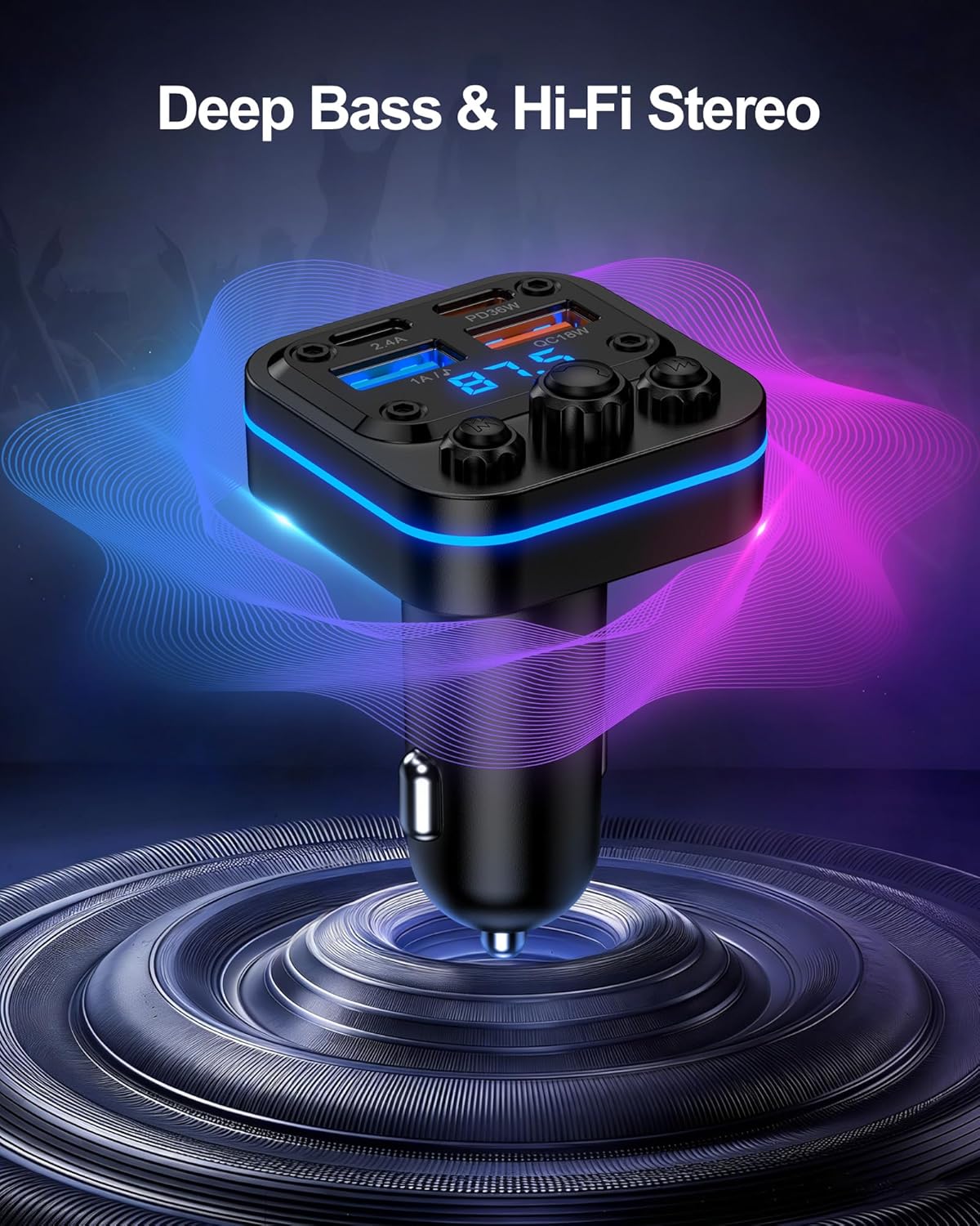 Bluetooth Fm Transmitter for Car, 54w Fast Charging, Blue Tooth 5.4 Car Charger USB-C USB-A Multi Ports, Wireless Radio Aux Cigarette Lighter Adapter Auxiliary for Samsung Galaxy Android iPhone Apple
