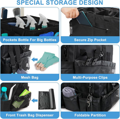 Large Cleaning Caddy Bag with Built-in Support Board, Wearable Cleaning Supplies Organizer with Adjustable Shoulder Strap & Waist Belt, Waterproof Heavy Duty Tote for Housekeepers Car Detailing